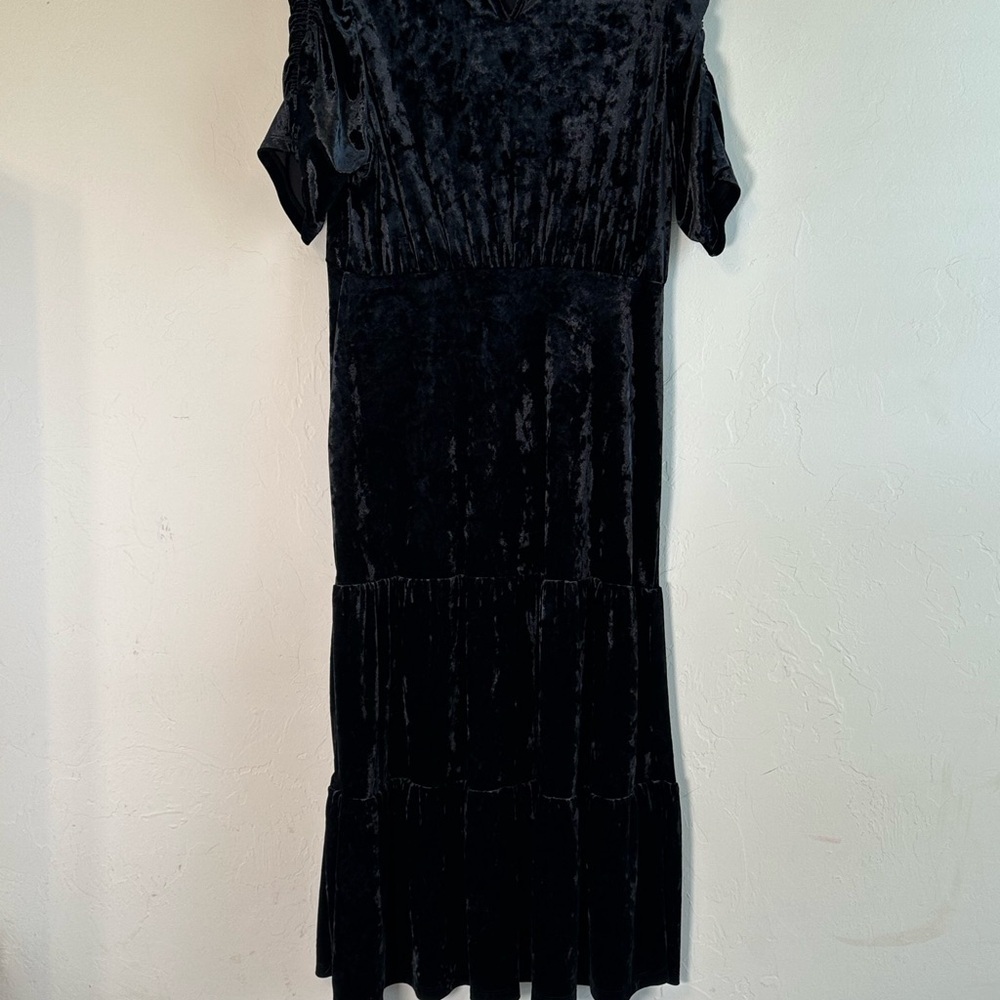 Crushed Black Velvet Vintage Tiered Maxi Dress with Rouched Sleeves Sz S - Picture 10 of 13